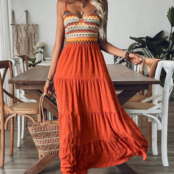 Orange Boho Women's Vacation Style Geometric Stripe Contrast Color Layered Dress - Picture 1 of 6